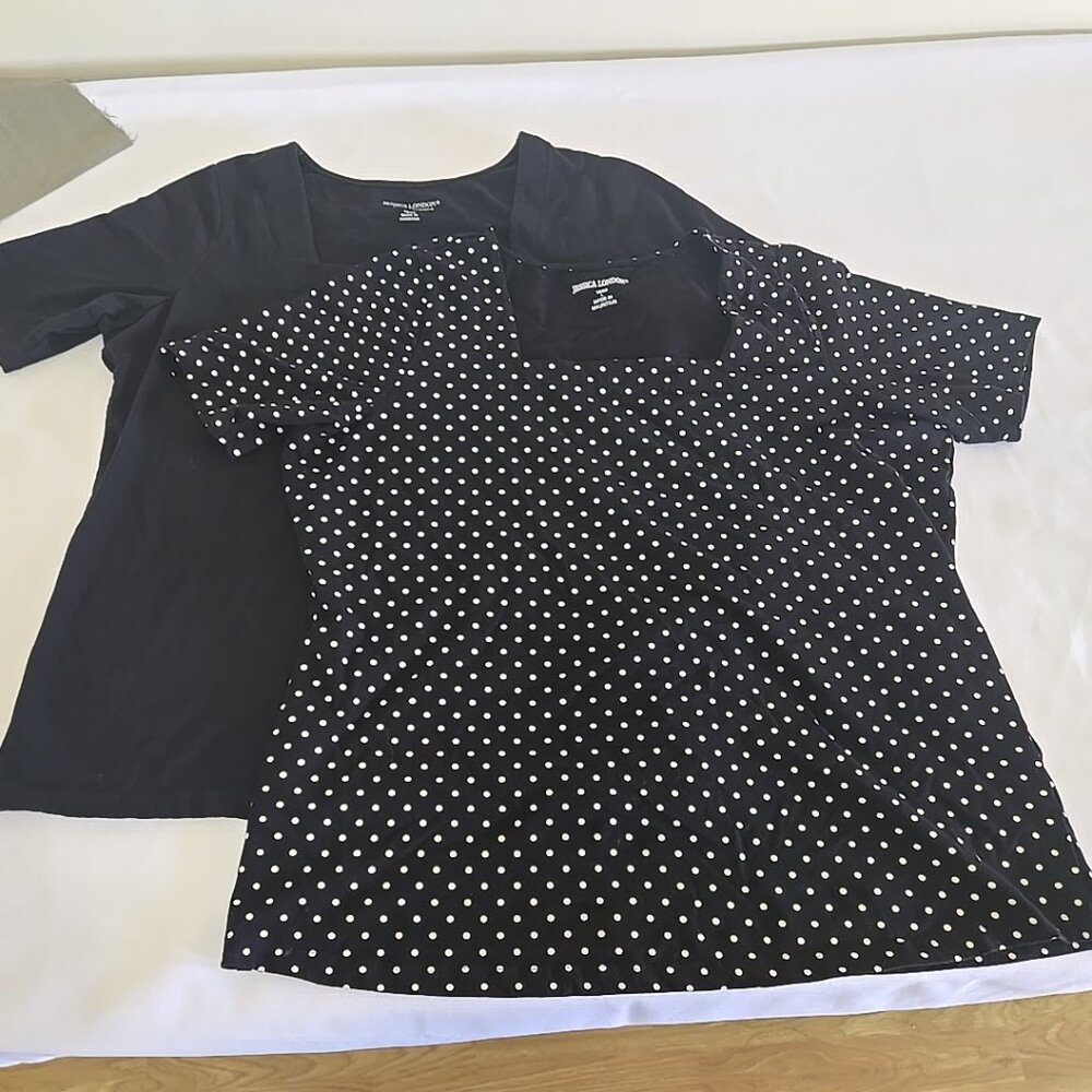 Set Of 2 Jessica London Square Neck Women's Blouses Polka Dotted & Black Cotton